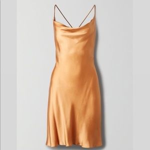 Wilfred Diamante Dress | Japanese Satin | Molten Camel | Size L | NWT